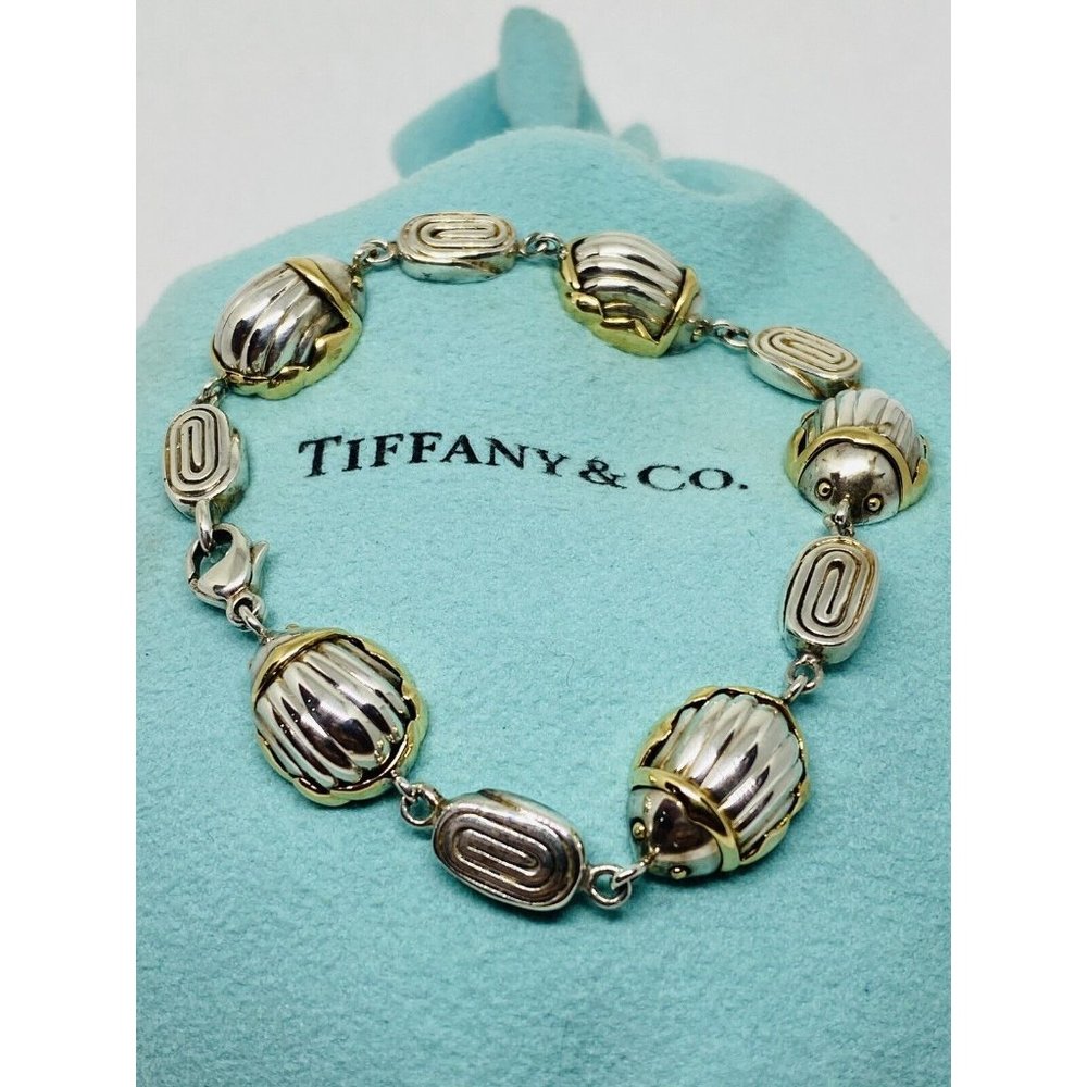 Tiffany & Co RARE Silver 18K Gold Gold Scarab Bee Bug Link Bracelet Pouch Box!